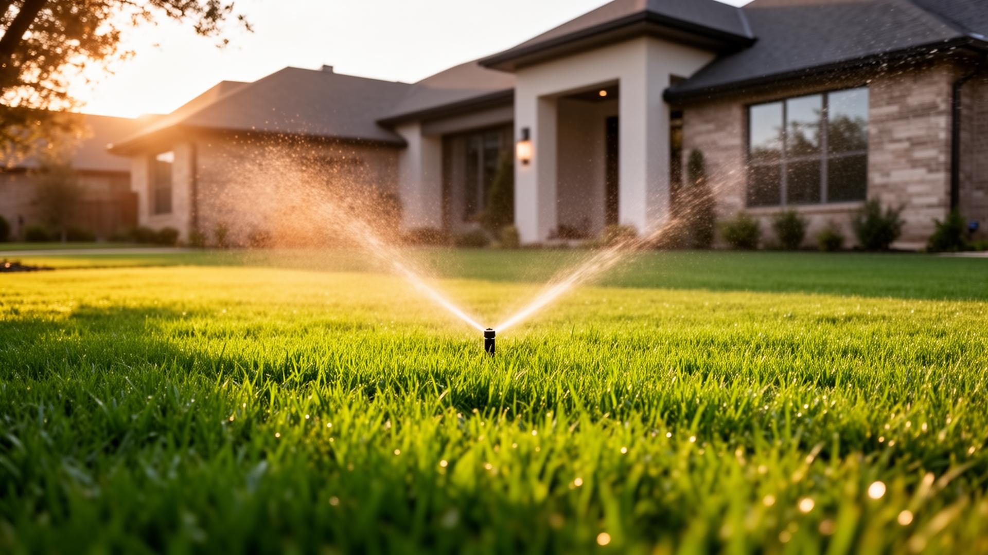 Healthy green Amarillo lawn with sprinkler